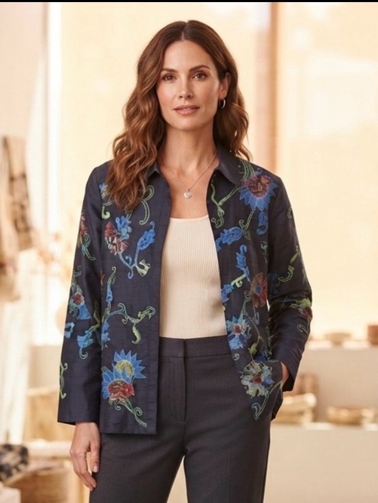 Laura Ashley Tops - Laura Ashley Vintage Black Silk Embroidered Floral Beaded Jacket Top Women's L